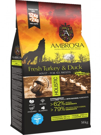 Ambrosia Grain Free Adult Fresh Turkey & Duck 12Kg+2Kg ΔΩΡΟ