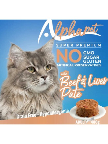 Alphapet Super Premium Πατέ Υποαλλεργική Κονσέρβα Γάτας Χωρίς Σιτηρά Γλουτένη Και Ζάχαρη 400g Μοσχάρι Συκώτι