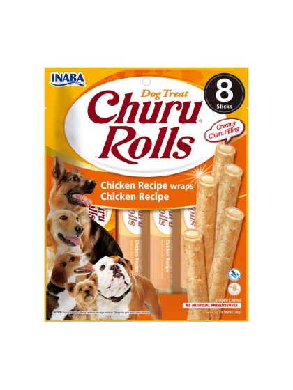 Inaba CHURU DOG ROLLS CHICKEN 96gr Sticks με τραγανή κρούστα κοτόπουλου εξωτερικά και κρεμώδη γέμιση χωρίς σιτηρά
