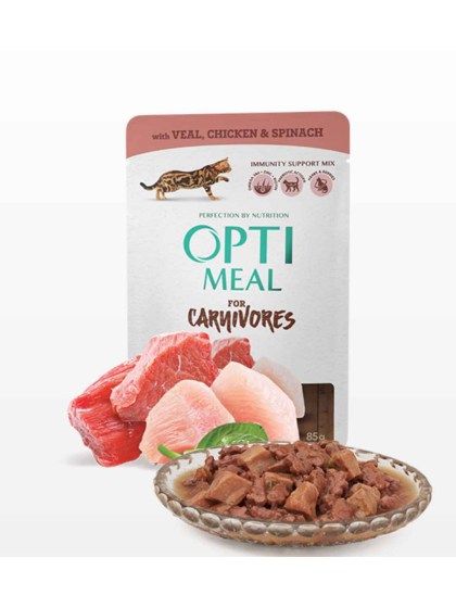 OptiMeal Carnivores Υγρή Τροφή για Ενήλικες Γάτες σε Φακελάκι με Βοδινό / Κοτόπουλο / Σπανάκι 85g