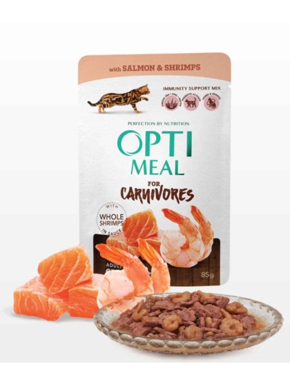 OptiMeal Carnivores Υγρή Τροφή για Ενήλικες Γάτες σε Φακελάκι με Σολομό / Γαρίδες 85g