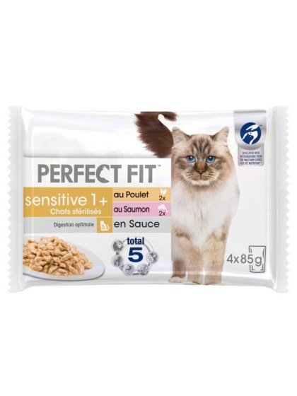 Perfect Fit Sterilised Sensitive Υγρή Τροφή για Γάτες σε Φακελάκι με Κοτόπουλο και Σολομό 4x85gr