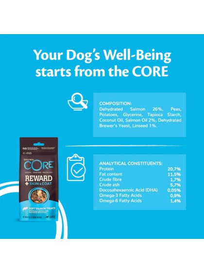 Wellness Core Reward Skin & Coat Grain Free Λιχουδιές για Σκύλους με γεύση Σολομό 170gr